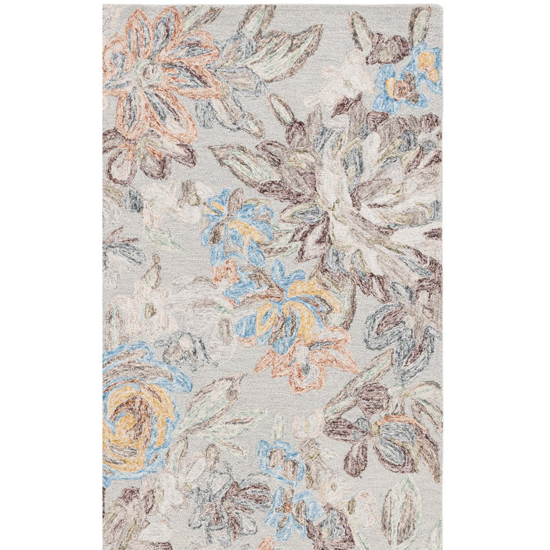 Thaddeus Tufted Wool/Cotton Performance Floral Rug in Grey/Blue, Rectangle 3' x 5'
