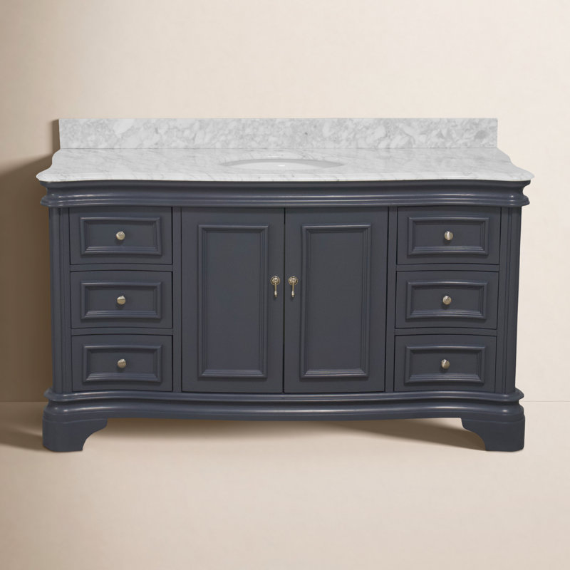 Ensemble de meuble-lavabo simple 60 po avec comptoir en marbre de Carrare gris Twain, Gris marine, Marbre de Carrare