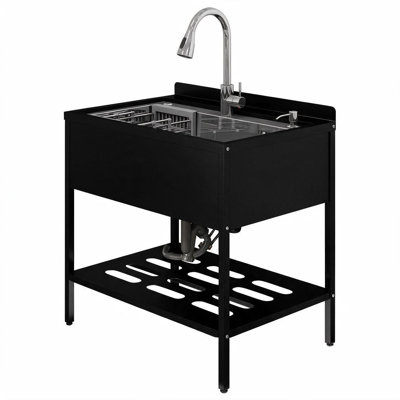 22.05x32 Black Freestanding Utility Sink Station, 304 Stainless Steel Single Bowl Outdoor Laundry Sink with Pull Out Faucet