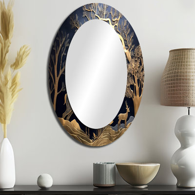 Golden Deer In Forest II - grand miroir mural ovale sur métal