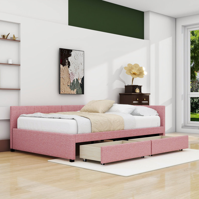 Naoyuki Full Size Linen Daybed with 2 Drawers, Pink