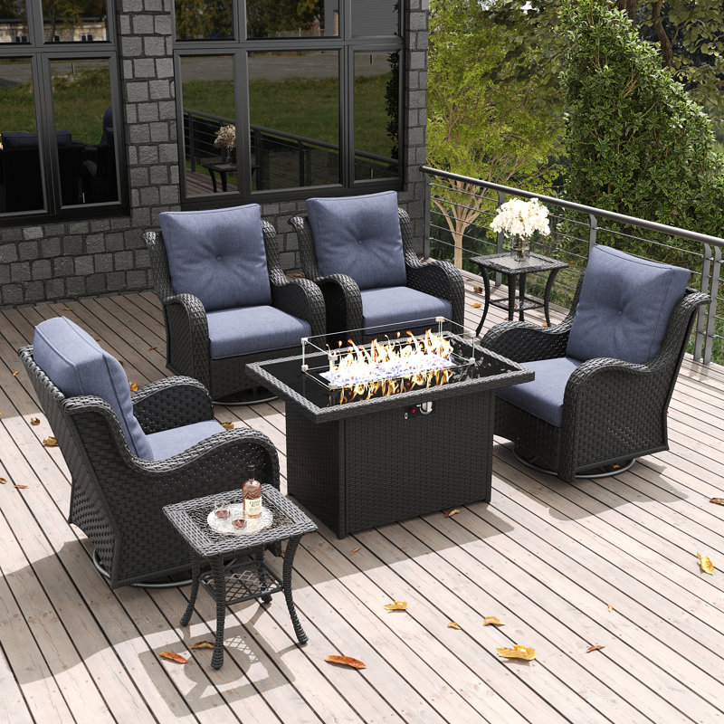 Ensemble de chaises berçantes pivotantes 7 pièces avec table d'appoint LayinSun, Marine, Noir, noir, noir, noir