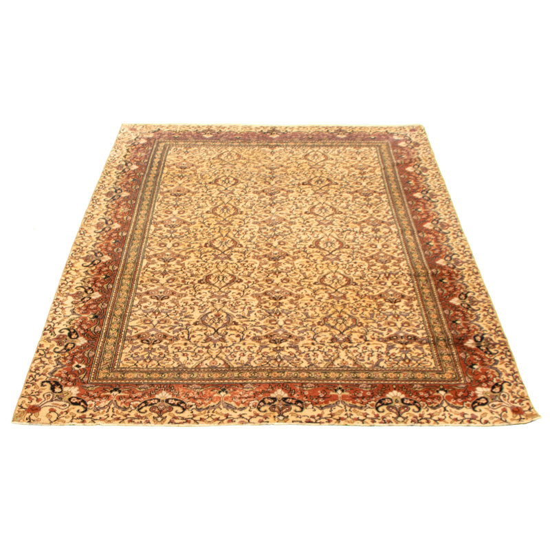 Tapis crème en laine noué à la main de conception unique 6 pi 7 po x 9 pi 4 po années 1990 Fradel