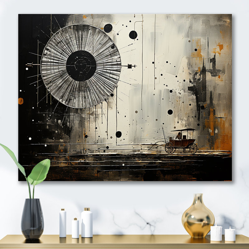 Chariot abstrait et paysage en spirale sur toile, H 16 po x l 32 po x P 1 po, Toile tendue