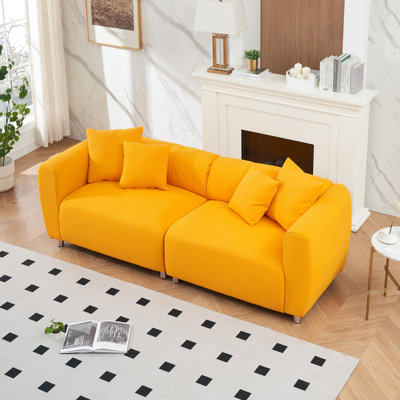 89 pouces, structure en bois massif à 3 places, pieds en métal, 4 coussins, lin en coton jaune, coussins de cou doux pour salon d'appartement, réception de bureau, poupée lavable