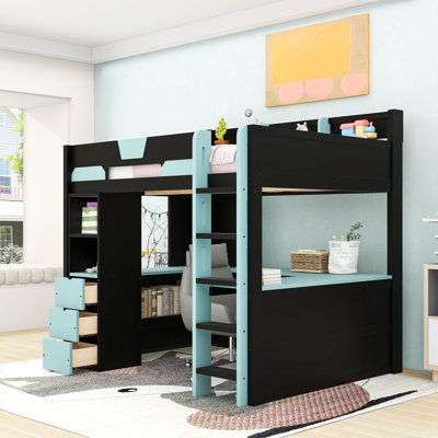 Wooden Gaming Loft Bed with U-Shaped Desk and Smart RGB Lighting, Drawers