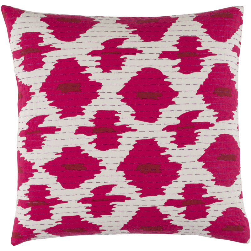 Kantha Cotton Throw Pillow, 18" x 18", Magenta/Cherry/Magenta/Ivory, Down Blend