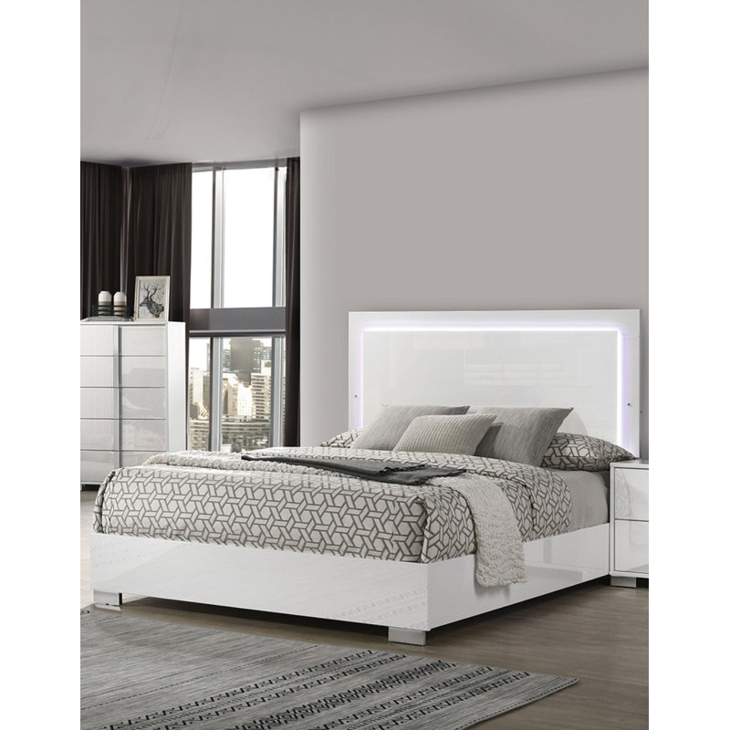 Lit contemporain 1pc blanc avec tête de lit à DEL avec meubles de chambre à coucher avec finition UV, Grand lit