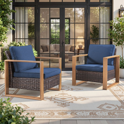 Chaise d'extérieur brun en osier avec coussins Allcot (ensemble de 2)