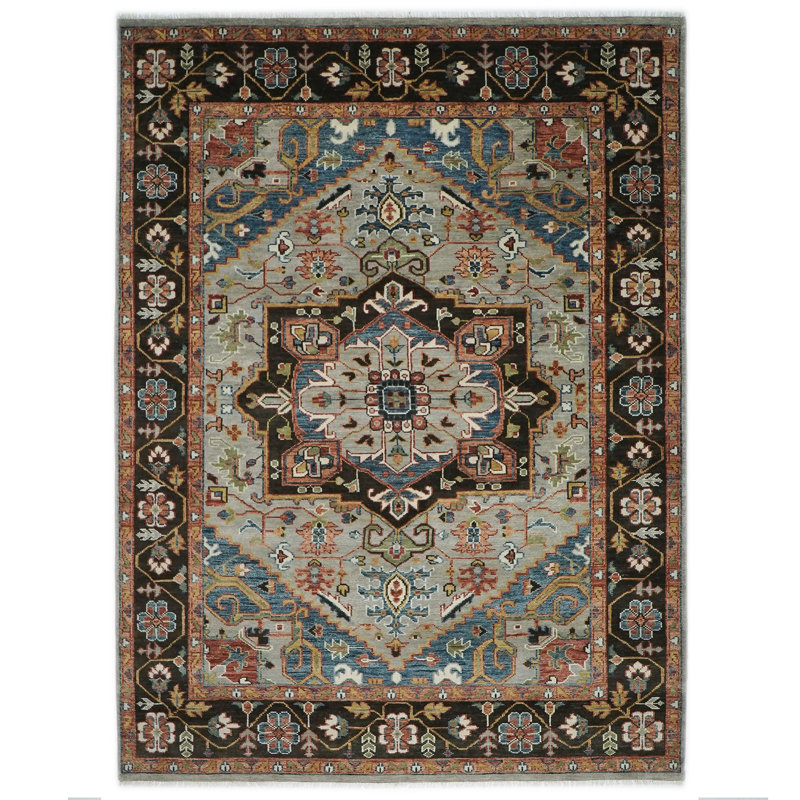 Tapis gris en laine noué à la main 10 pi 1 po x 14 pi 1 po, Gris foncé / Bleu, Rectangle 10 pi 1 po x 14 pi 1 po