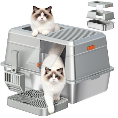 Stainless Steel Cat Litter Tray with Lid, XXL Metal Cat Litter Tray, with Foot Step and Scoop, Easy Clean, Dual Entry, Removable, 60L x 40W x 38H cm 