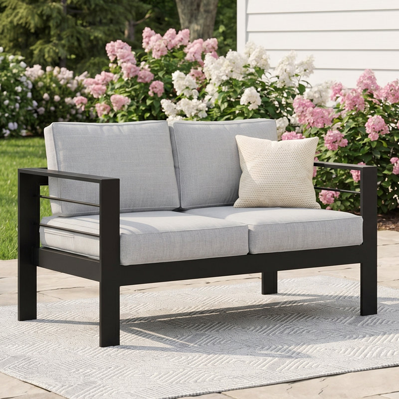 Canapé d'extérieur 50 po en aluminium pour 2 personnes toutes saisons, canapé de patio en métal avec assise profonde de 27,5 po et accoudoirs larges de 3,2 po, causeuse extérieure avec coussins en oléfine résistants aux intempéries pour la cour, l
