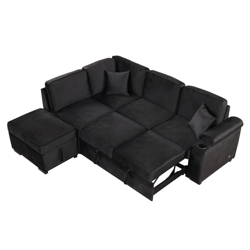 84.75" Sleeper Sofa With Storage Ottoman For Living Room, Left Hand Facing, Black Linen