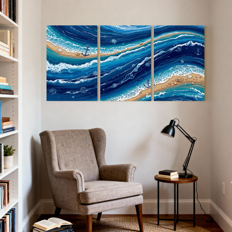 Nautique et plage, océan, vagues, plage, ancre, coquillage, sable, coucher de soleil, réflexion, ensemble de 3 impressions sur toile