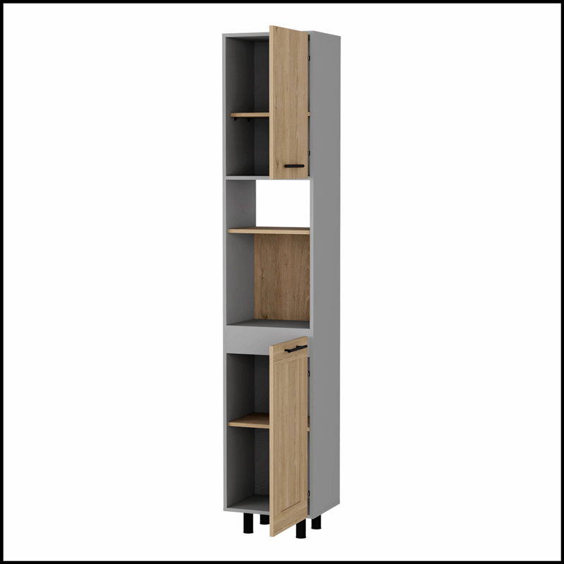 Garde-manger à 2 portes et 2 tablettes Devoux en pin clair et gris, parfait pour les solutions de rangement organisées et élégantes.