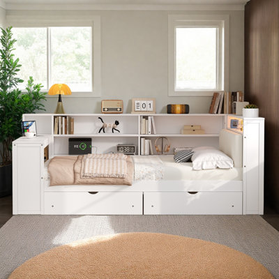 Lit plateforme simple avec tablettes et tiroirs de rangement