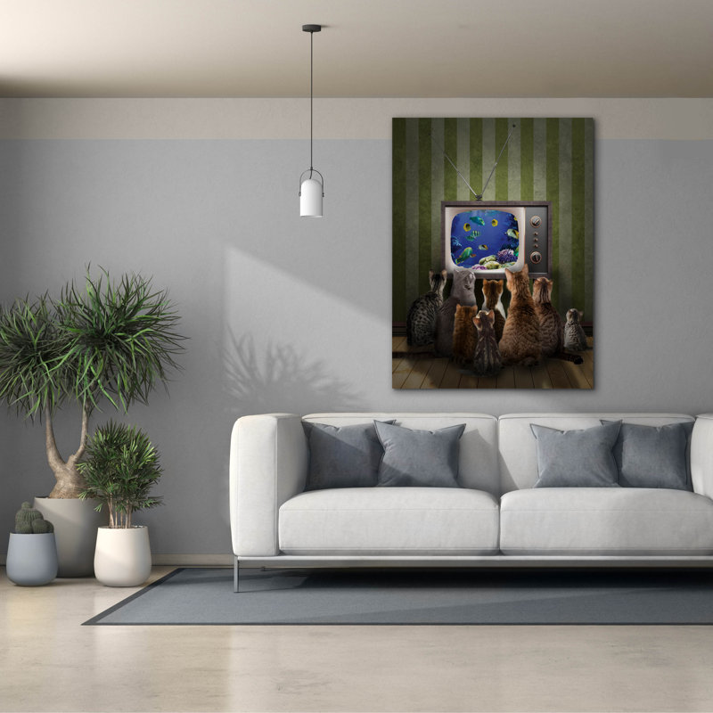  «Cats regarder la télévision» par John Hovenstine, art mural sur toile, 40 po x 54 po