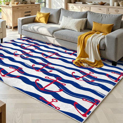 Tapis d'intérieur bleu lavable à la machine, motif d'ancre marine