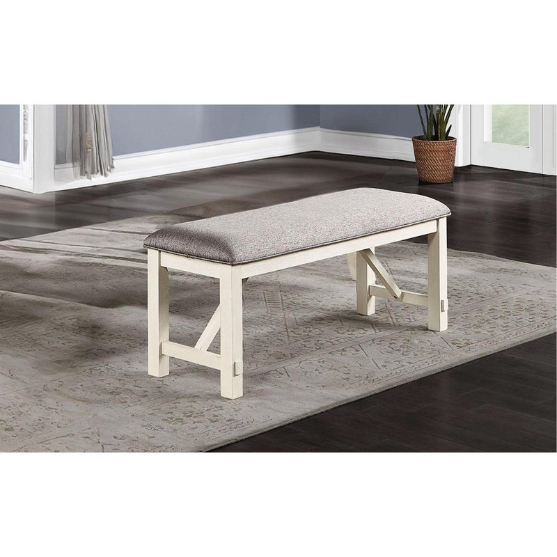 Dining Bench In Gray And White, Cushioned Seat, Bench, White Wood,