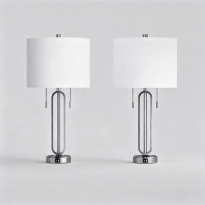 Ensemble de 2 lampes de table Modern Modern en métal avec interrupteurs à double chaîne et ports USB intégrés, lampe de chevet à cadre ovale argenté avec abat-jour tambour blanc pour la chambre à coucher, douille E26 (ampoule non incluse)