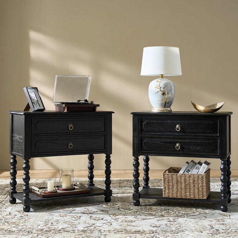 Jeremie Traditional 30"Tall Solid Wood 2-Drawer End Table with Built-in Charging Outlets, Charcoal