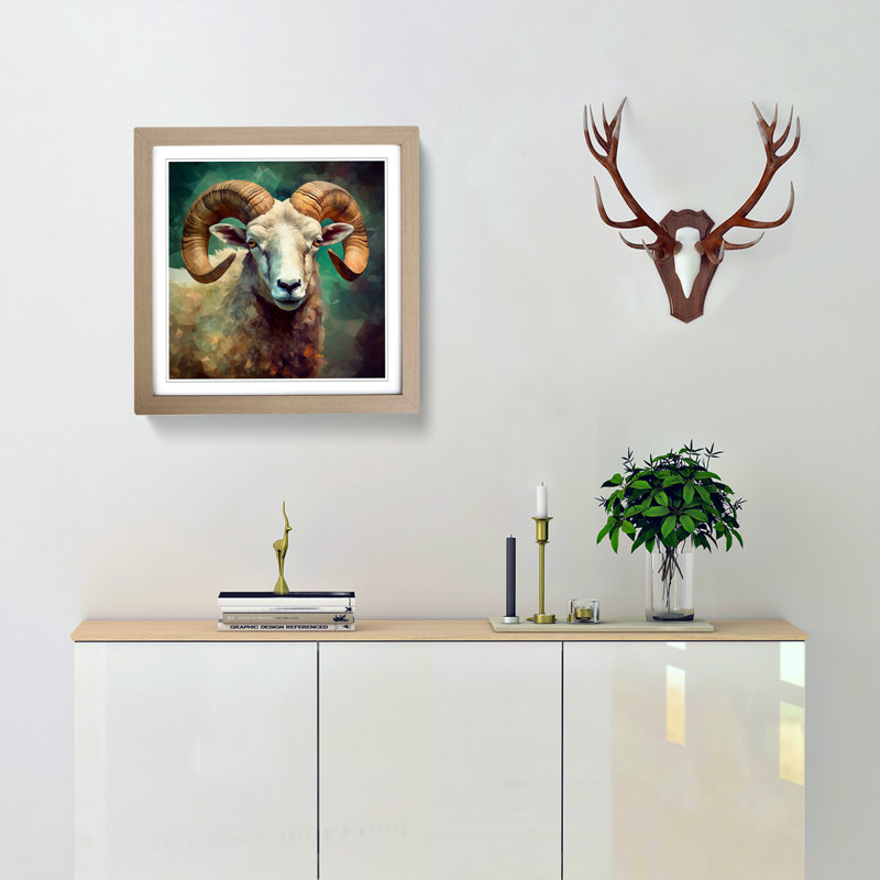Ram Sheep Precisionism - Single Picture Frame Print on Wood, Oak