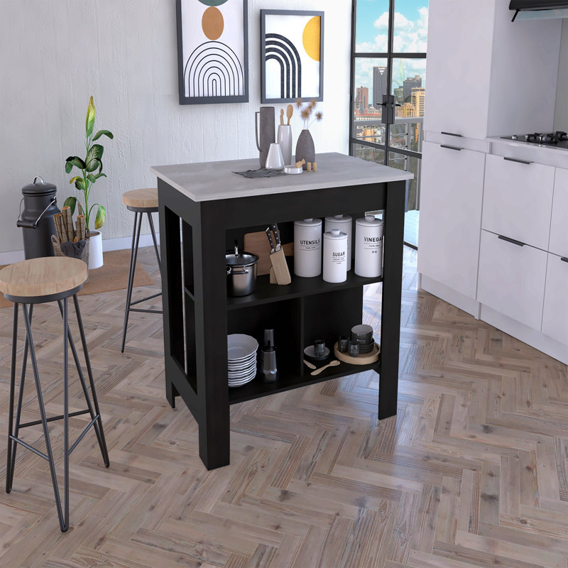 Îlot de cuisine, quatre pieds, trois tablettes, Noir/gris, H 35,4 po x l 40,5 po x P 27,5 po