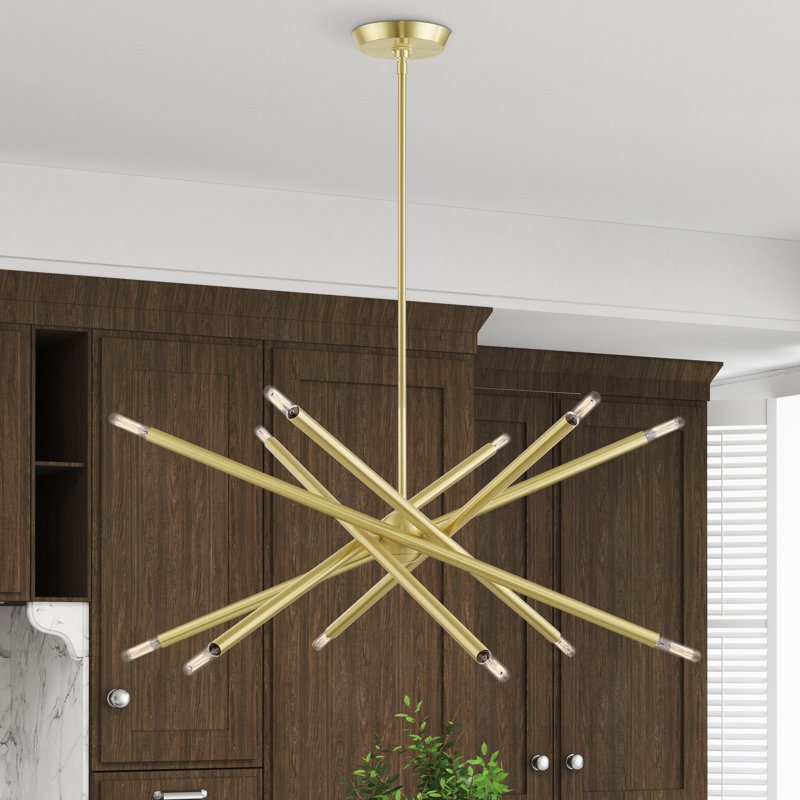 Lustre linéaire Spoutnik moderne à 12 lumières Poco, Laiton satiné, 12