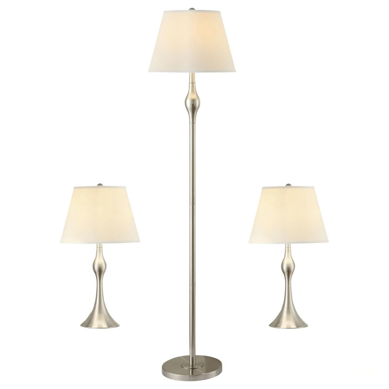 Ensemble de lampes beige et nickel brossé 3 pièces avec abat-jour en soie synthétique, parfait pour un décor moderne et élégant