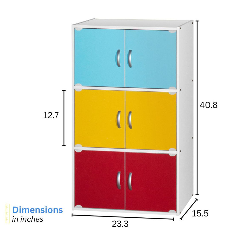 6-Doors, 3-Shelf Bookcase 40.8 in. Tall Enclosed Storage 3-Tier Bookshelf for Home or Office, Rainbow
