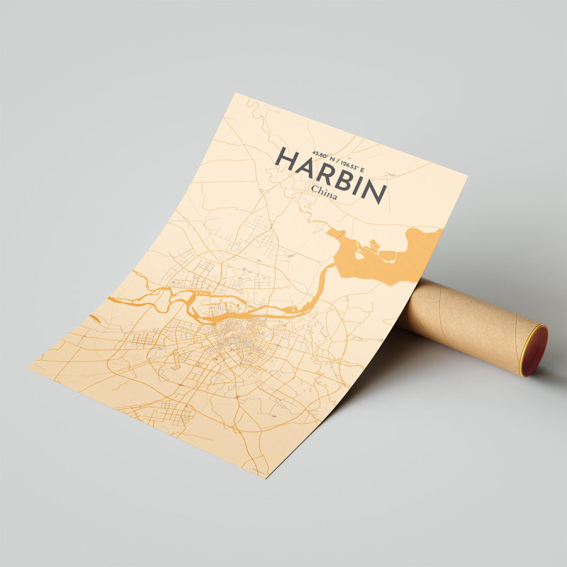 «Harbin City Map», impression, H 17 po x l 11 po, Orange / or pâle