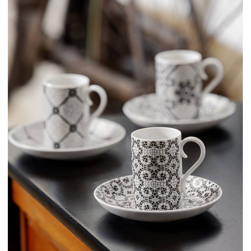 Portuguese Cobblestone Pattern Ceramic Coffee Cup and Saucer Set