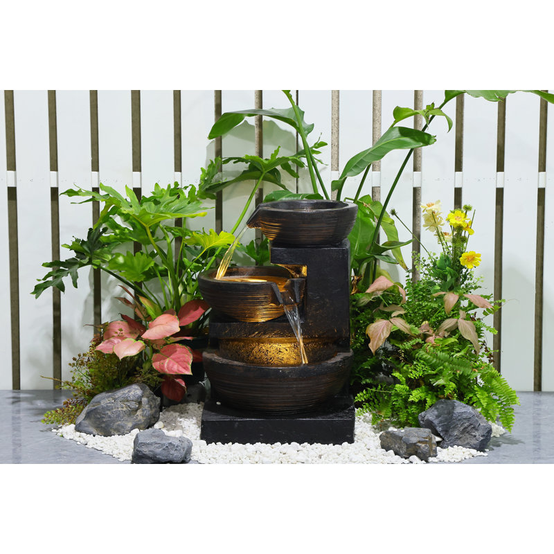 Fontaine en forme de bol à cascade avec éclairage à DEL double blanc chaud, Noir, H 24 po x l 13,5 po x P 11,15 po