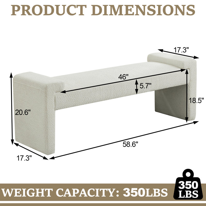 Banc de chambre rembourré l 58,6 po, Sherpa blanc, 20.6" H x 58.6" W x 17.3" D
