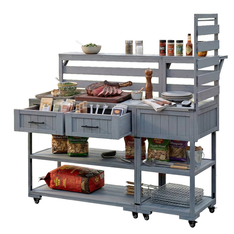 62.3" Patio Kitchen Island – Solid Wood Cart with Stainless Steel Top, Raised Shelf & Drawers, Grill Prep Table for BBQ & Party (Gray)