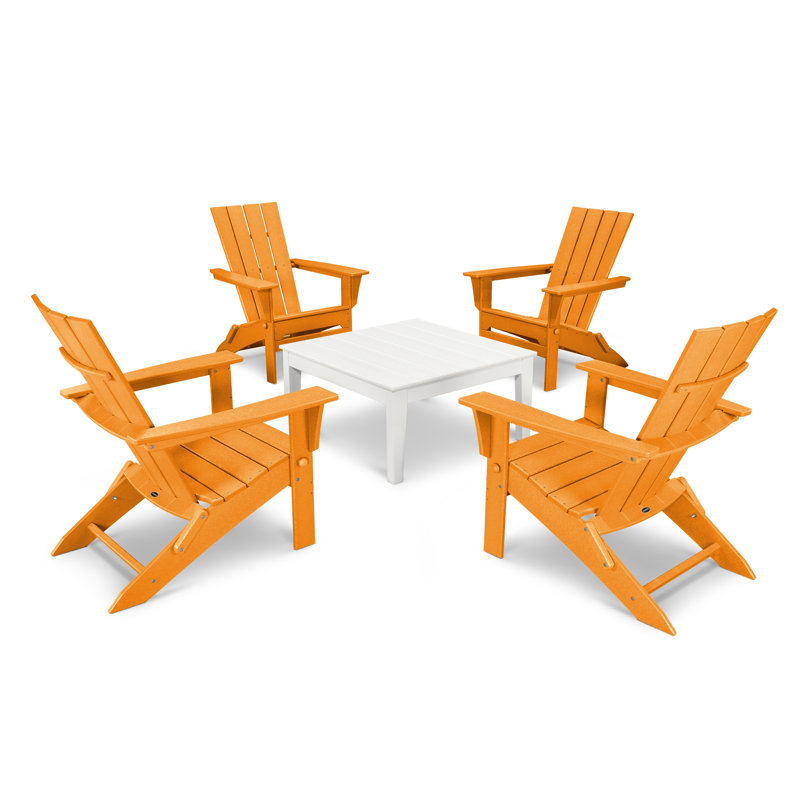 POLYWOOD Quattro Folding Chair 5-Piece Conversation Set, Tangerine/White