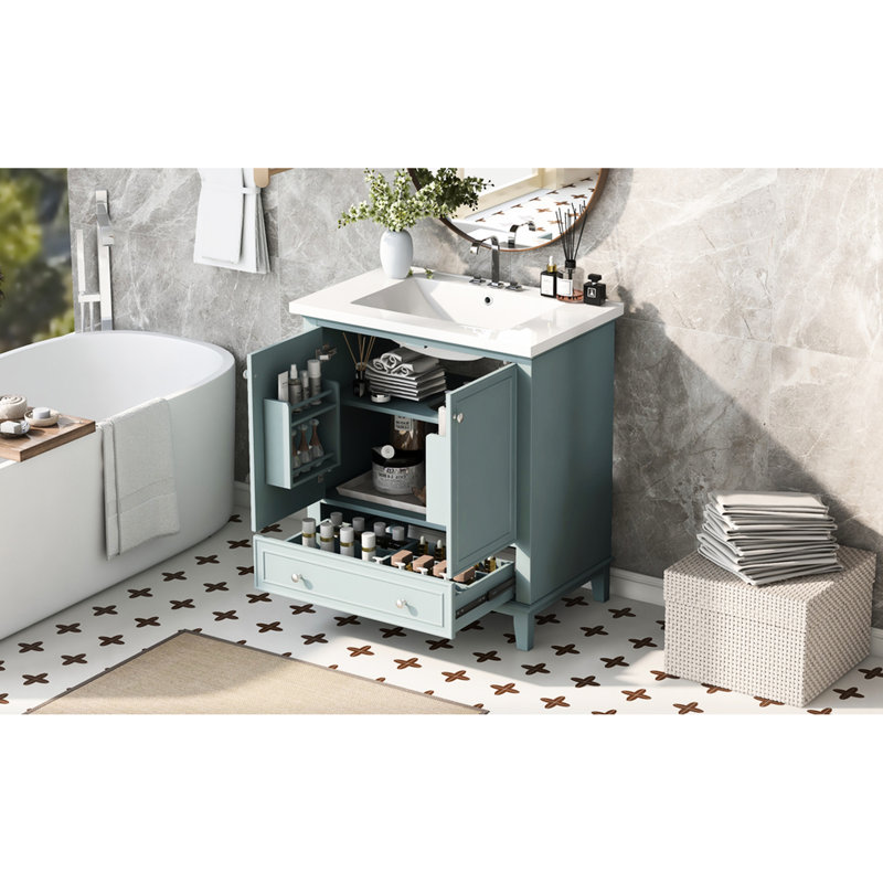 Meuble-lavabo moderne de 30 pouces avec lavabo sous-comptoir, bois massif et fabrication, étagère de rangement fonctionnelle réglable en caoutchouc, tablette dans l'armoire