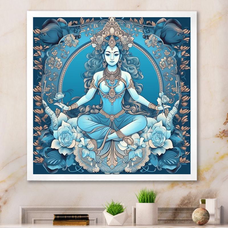 Divine Déesse Yogini en bleu sur toile, Cadre simple blanc, H 16 po x l 16 po x P 1 po