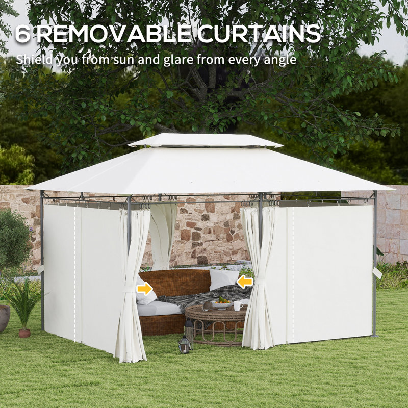 Pavillon de jardin spacieux à double toit, pavillon extérieur avec tablettes et filets, pour pelouse, cour et terrasse, Blanc