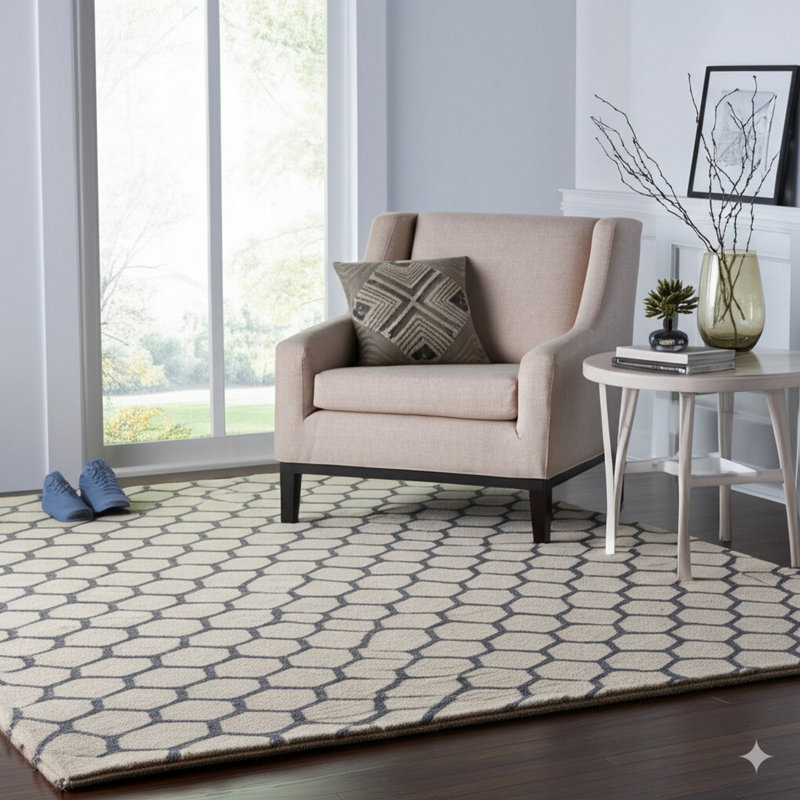 Hand Tufted Wool Geometric Area Rug, Ivory/Tan/White, Rectangle 5' x 8'