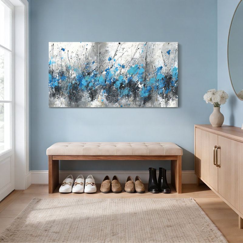 Abstrait bleu et gris éclaboussures d'art sur toile tendue sur toile, ensemble de 1, H 12 po x l 36 po