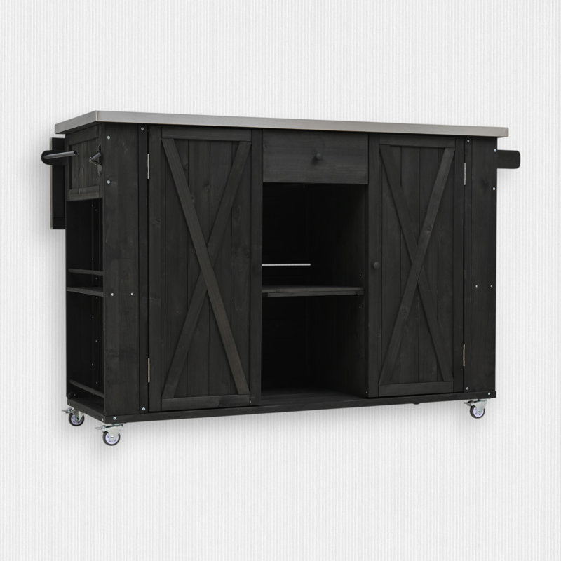 Fir Wood Kitchen Island with Stainless Steel Top, Black