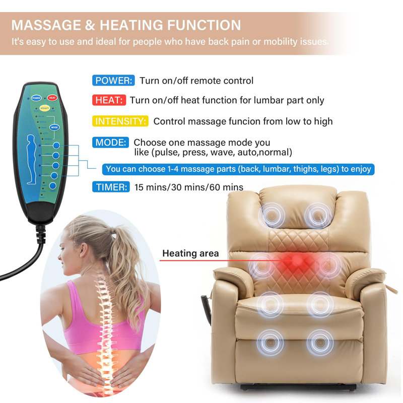 Grand fauteuil inclinable électrique avec massage et chaleur