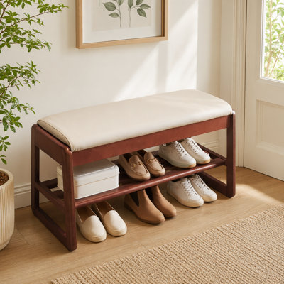 Banc rembourré en cuir végétalien de qualité supérieure, banc de rangement avec rangement dissimulé et tablettes à chaussures ouvertes à plusieurs niveaux