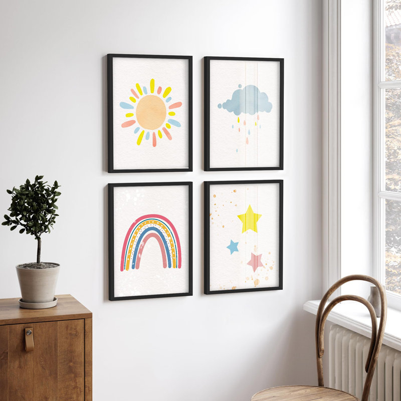 " Kids Sun Rainbow Clouds & Star Abstract Nature Illustrations Modern Decor " 4 - Pieces, Black, 14" H x 11" W
