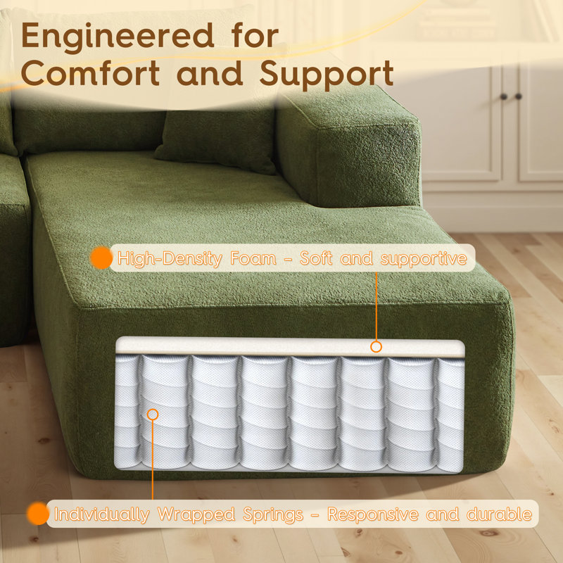 Aucun assemblage requis 3 pièces Canapé modulaire rembourré à compression avec chaise longue Cloud, Ours en peluche vert