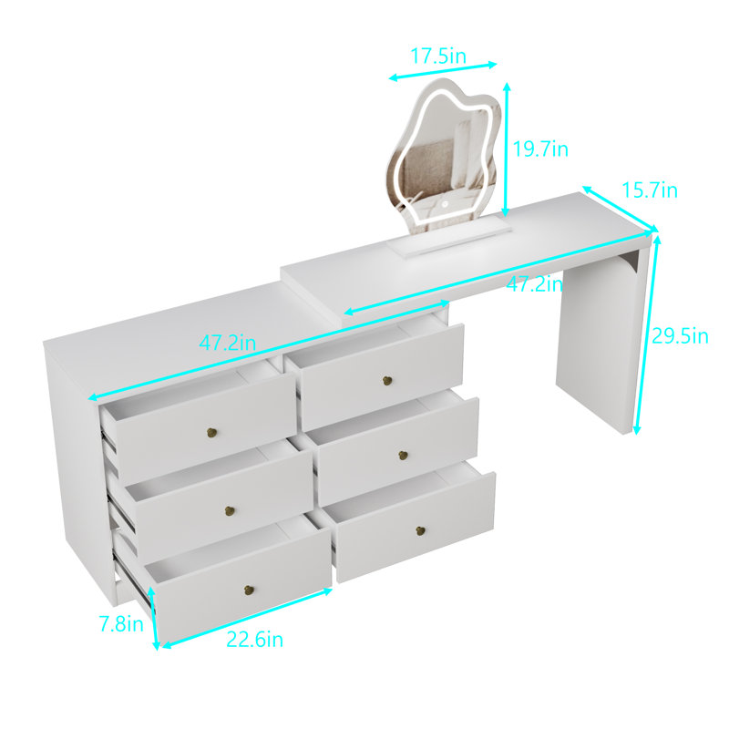 Bureau de coiffeuse avec miroir lumineux Latarius, table de coiffeuse extensible avec 6 tiroirs, 3 modes d'éclairage couleur