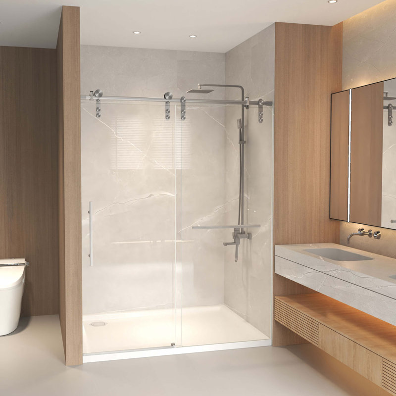 50-54" X 76" H Frameless Sliding  Shower Door, 5/16" (8Mm) Clear Tempered Glass, Stainless Steel Frame, Brushed Nickel