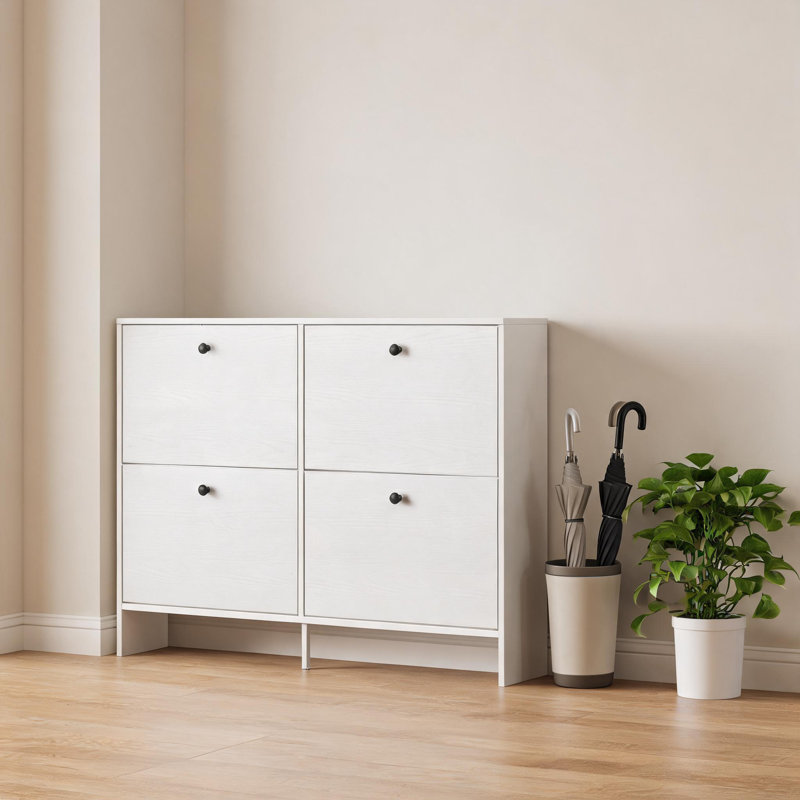 Meuble à chaussures ultramince à 4 tiroirs rabattables – Rangement gain de place pour 24 paires de chaussures dans l'entrée, design moderne imitation bois avec système anti-basculement, montage facile, blanc