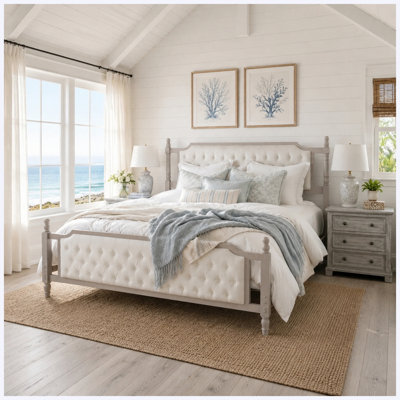 Taupe King Size Upholstered Platform Bed with Button Tufted Velvet Headboard, Solid Wood Farmhouse Bed, No Box Spring Required